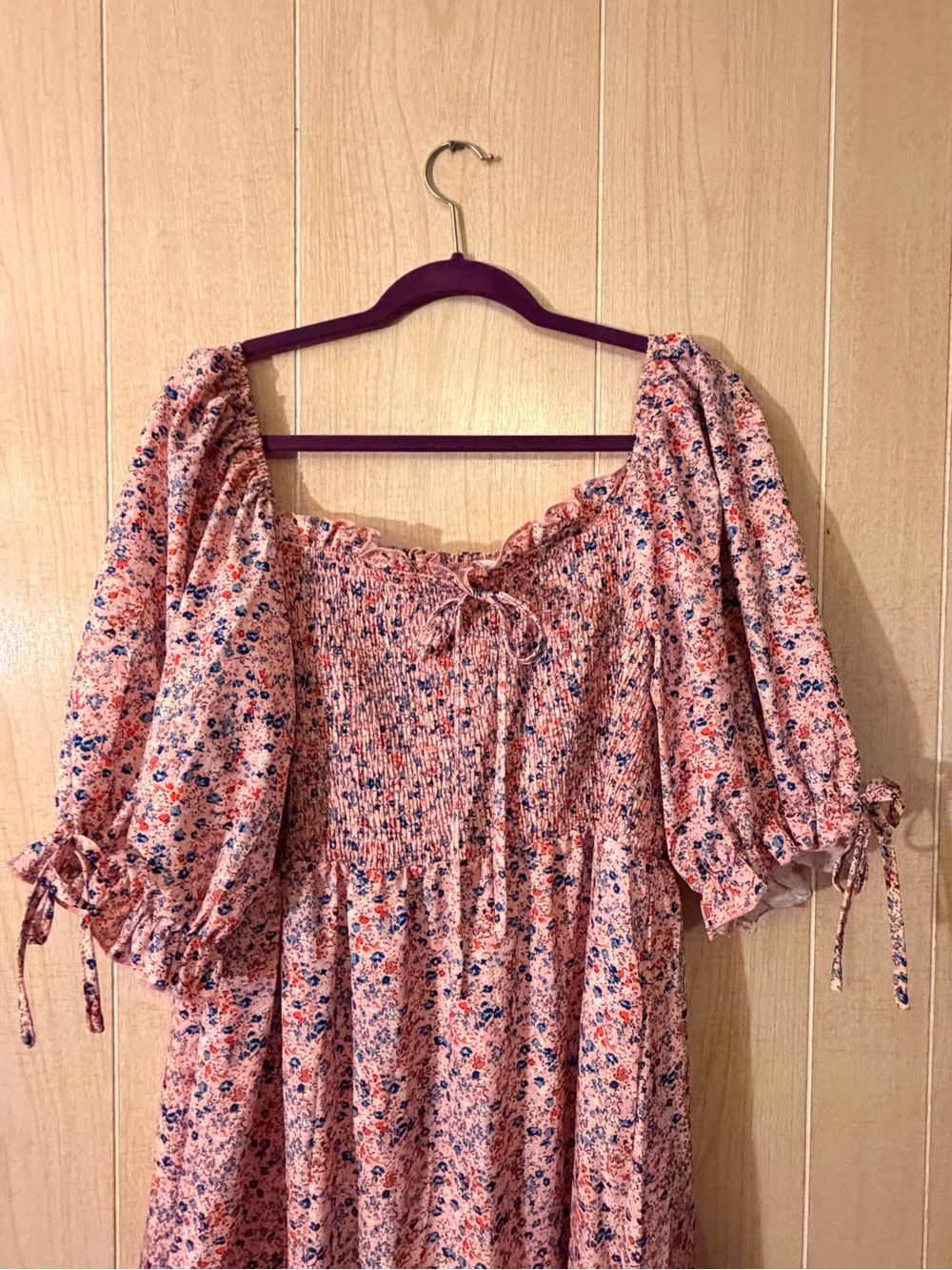 Peach Floral Smocked Maxi Dress with Puff Sleeves - Picture 5 of 5